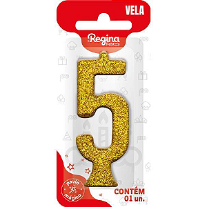 Vela Regina Parabéns Glitter Ouro N°5 - Embalagem com 1 UN