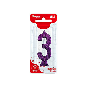 Vela Regina Parabéns Glitter Roxa N°3 - Embalagem com 1 UN