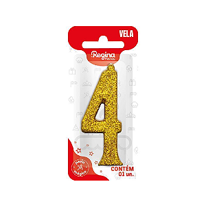 Vela Regina Parabéns Glitter Ouro N°4 - Embalagem com 1 UN