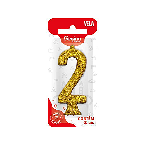 Vela Regina Parabéns Glitter Ouro N°2 - Embalagem com 1 UN
