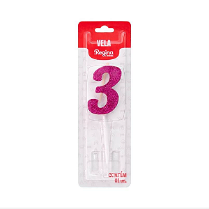 Vela Regina Pick Pink Glitter N°3 - Embalagem com 1 UN
