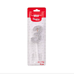 Vela Regina Pick Prata Glitter N°3 - Embalagem com 1 UN