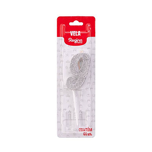 Vela Regina Pick Prata Glitter N°9 - Embalagem com 1 UN