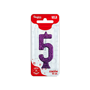 Vela Regina Parabéns Glitter Roxa N°5 - Embalagem com 1 UN