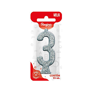 Vela Regina Parabéns Glitter Prata N°3 - Embalagem com 1 UN