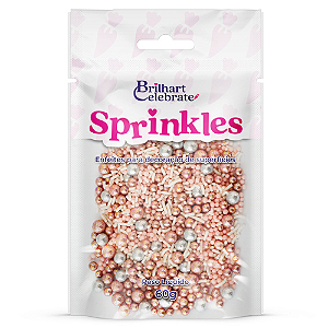 Confeito Sprinkles Brilhart Celebrate Cor Rosé e Prata - Embalagem com 60G