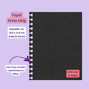 Refil Papel Preto 180g para caderno Smart (Wire-o, anel duplo, taça) - A5, Universitário, A4