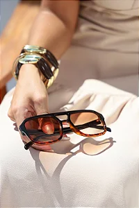 Óculos de sol Quadrado Exclusiv - Marrom Degradê Preto/Camuflado - Acetato