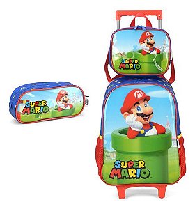 Kit Mochila Carrinho Lancheira Estojo Super Mario