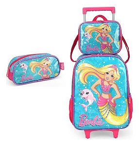 Kit Mochila Carrinho Lancheira Estojo Barbie Princesa Sereia