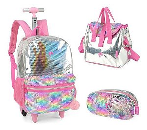 Kit Mochila Com Rodinha Juvenil Barbie Paetê Fashion