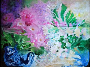 Rosas e Azuis - Obra com Tema Floral - Arte Contemporânea por Sueli Dabus - 60cm x 80cm