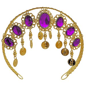 Tiara Cigana Testeira Ajustável 7 Cristais Roxo E Moedas