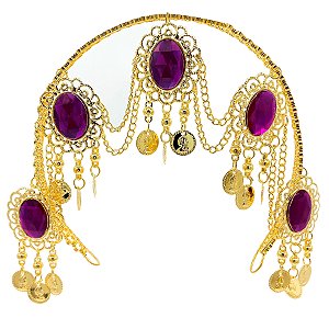 Tiara Cigana Testeira Ajustável 5 Cristais Roxo E Moedas