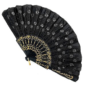 Leque Simples Preto Cigana Com Paete E Renda