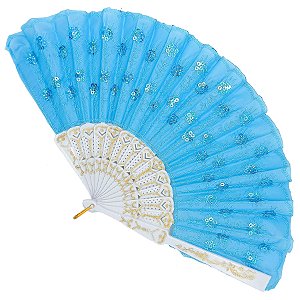 Leque Simples Azul/Branco Cigana Com Paete E Renda