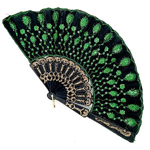 Leque Simples Preto/Verde Cigana Com Paete E Renda