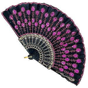Leque Simples Preto/Rosa Cigana Com Paete E Renda