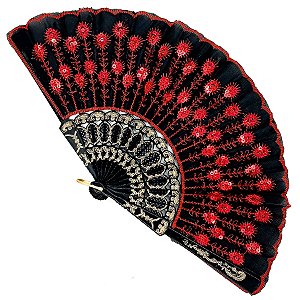 Leque Simples Preto/Vermelho Cigana Com Paete E Renda