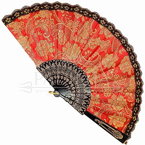 Leque Grande De Luxo Cigana Vermelho/Dourado Com Renda