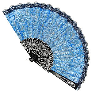 Leque Grande De Luxo Cigana Azul Com Renda