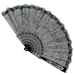 Leque Grande De Luxo Cigana Preto/Prata Com Renda