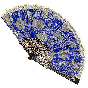 Leque Grande De Luxo Cigana Azul Marinho/Preto Com Renda