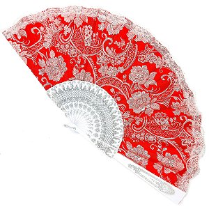 Leque Grande De Luxo Cigana Vermelho/Branco Com Renda