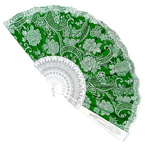 Leque Grande De Luxo Cigana Branco/Verde Com Renda