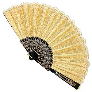 Leque Grande De Luxo Cigana Dourado Com Renda