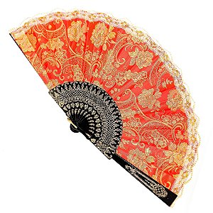 Leque Grande De Luxo Cigana Vermelho Com Renda