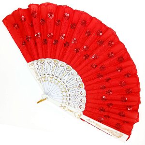 Leque Simples Vermelho/Branco Cigana Com Paete E Renda