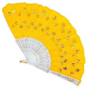 Leque Simples Amarelo/Branco Cigana Com Paete E Renda
