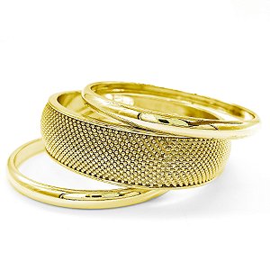 Pulseira Dourada Trio Bracelete Largo Com Textura