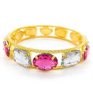 Pulseira Bracelete Dourado Com Pedraria Rosa/Branco