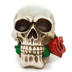 Estatueta Cranio De Caveira C/ Rosa Na Boca Em Resina 12Cm