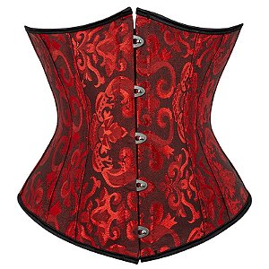 Corset Feminino Jacquard Vermelho/Preto C/ Hastes e Amarração Ajustável S/ Busto