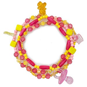 Guia Fio P/ Erê Criança De Umbanda C/ Pingentes Amarelo/Rosa+Chupeta Rosa