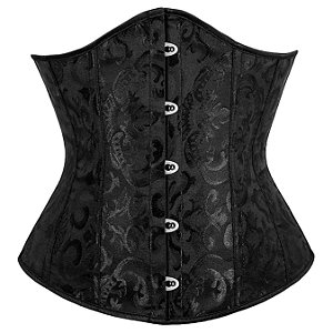 Corset Feminino Jacquard Preto C/ Hastes e Amarração Ajustável S/ Busto