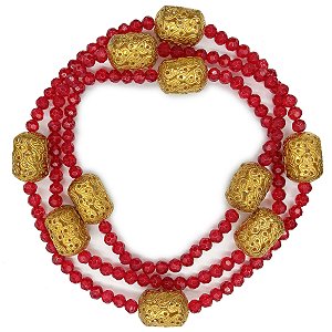 Guia de Cristal Vermelho C/ Entremeio Dourado Ritual Umbanda Candomblé