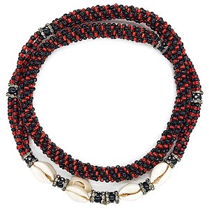 Brajá Chicote Missanga Preto/Vermelho Transparente C/ Búzios