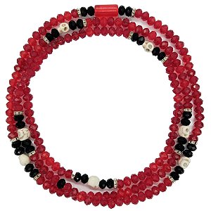 Guia Cristal C/ Entremeio de Strass e Caveira Vermelho/Preto/Marfim