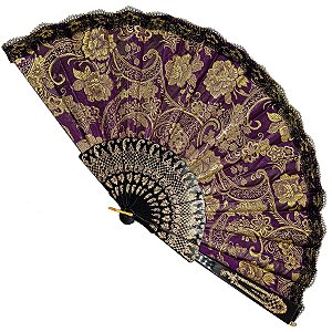 Leque Grande De Luxo Cigana Roxo/Dourado Com Renda