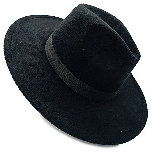 Chapéu Camurça Feltro Preto Aba Larga C/ Fita Preta
