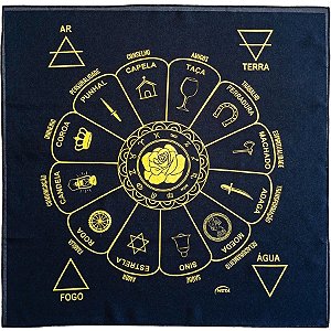 Toalha Para Leitura De Tarot Estampada Preto/Dourado Roda Fortuna Cigana