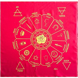 Toalha Para Leitura De Tarot Estampada Vermelho/Dourado Roda Fortuna Cigana