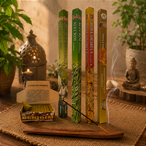 Kit Completo de Incensos com Incensário de Madeira Aromas para Energia, Proteção e Bem-Estar