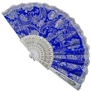 Leque Grande De Luxo Cigana Branco/Marinho Com Renda