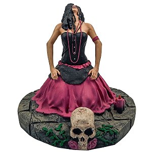 Imagem Pombogira Ajoelhada Gargalhando Menina Vestindo Rosa/Preto Resina