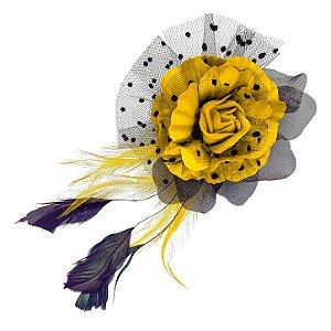 Presilha Grampo de Cabelo Rosa C/ Penas Broche Alfinete Amarelo/Preto